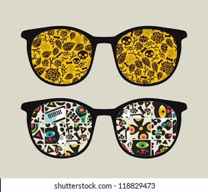 Retro sunglasses with monster pattern reflection in it. Vector illustration of accessory - eyeglasses isolated.