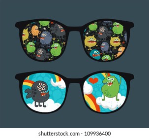 Retro sunglasses with monster sky reflection in it. Vector illustration of accessory - eyeglasses isolated.