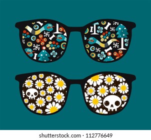 Retro sunglasses with  monster snake reflection in it. Vector illustration of accessory - eyeglasses isolated.