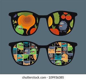 Retro sunglasses with monster and vegetables reflection in it. Vector illustration of accessory - eyeglasses isolated.