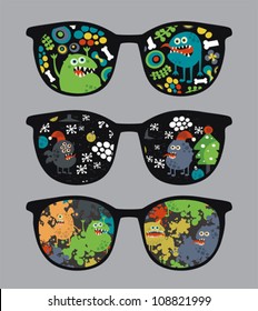 Retro sunglasses with monsters and flora reflection in it. Vector illustration of accessory - eyeglasses isolated.
