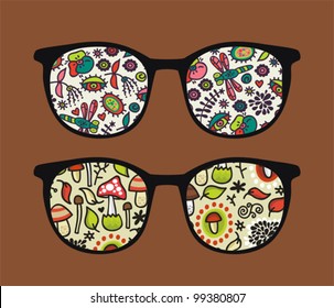 Retro sunglasses with mushrooms reflection in it. Vector illustration of accessory - eyeglasses isolated.