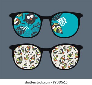 Retro sunglasses with owl in leaves reflection in it. Vector illustration of accessory - eyeglasses isolated.