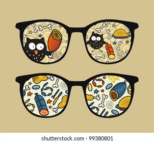 Retro sunglasses with owl and meat reflection in it. Vector illustration of accessory - eyeglasses isolated.