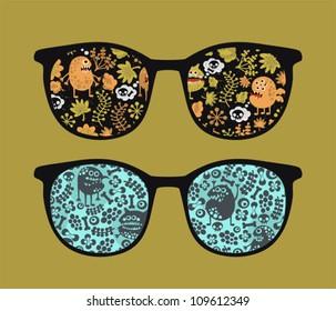Retro sunglasses with plant monsters reflection in it. Vector illustration of accessory - eyeglasses isolated.