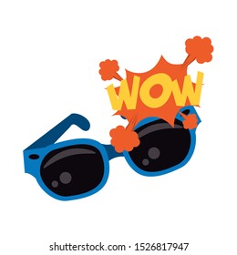 retro sunglasses and pop art design of wow word exclamation over white background, vector illustration