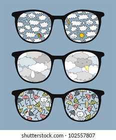 Retro sunglasses with rain  reflection in it. Vector illustration of accessory - eyeglasses isolated.