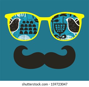 Retro sunglasses with reflection of birds.