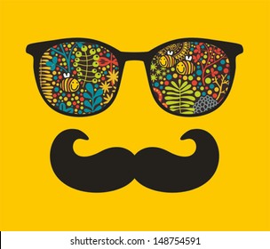 Retro sunglasses with reflection for hipster. Vector illustration of accessory - eyeglasses isolated. Best print for your t-shirt. 