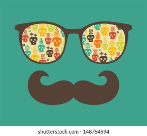 Retro sunglasses with reflection for hipster. Vector illustration of accessory - eyeglasses isolated. Best print for your t-shirt. 