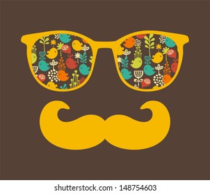 Retro sunglasses with reflection for hipster. Vector illustration of accessory - eyeglasses isolated. Best print for your t-shirt. 