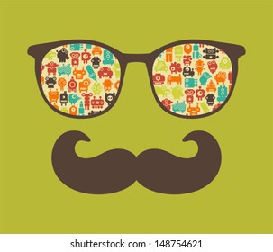 Retro sunglasses with reflection for hipster. Vector illustration of accessory - eyeglasses isolated. Best print for your t-shirt. 