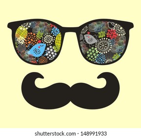 Retro sunglasses with reflection for hipster. Vector illustration of accessory - eyeglasses isolated. Best print for your t-shirt. 
