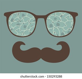 Retro sunglasses with reflection for hipster. Vector illustration of accessory - eyeglasses isolated. Best print for your t-shirt.