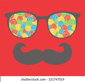 Retro sunglasses with reflection for hipster. Vector illustration of accessory - eyeglasses isolated. Best print for your t-shirt.