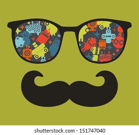 Retro sunglasses with reflection for hipster. Vector illustration of accessory - eyeglasses isolated. Best print for your t-shirt.