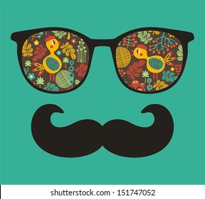 Retro sunglasses with reflection for hipster. Vector illustration of accessory - eyeglasses isolated. Best print for your t-shirt.