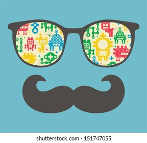 Retro sunglasses with reflection for hipster. Vector illustration of accessory - eyeglasses isolated. Best print for your t-shirt.