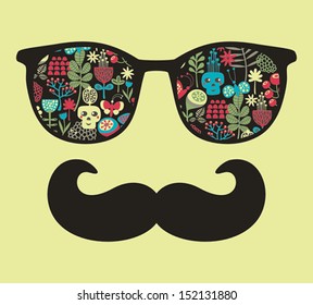 Retro sunglasses with reflection for hipster. Vector illustration of accessory - eyeglasses isolated. Best print for your t-shirt.
