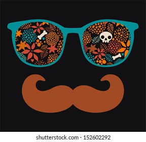 Retro sunglasses with reflection for hipster. Vector illustration of accessory - eyeglasses isolated. Best print for your t-shirt. 