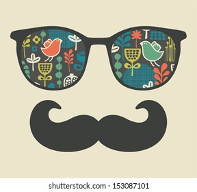 Retro sunglasses with reflection for hipster. Vector illustration of accessory - eyeglasses isolated. Best print for your t-shirt.