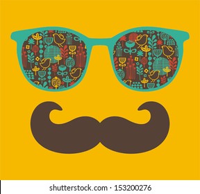 Retro sunglasses with reflection for hipster. Vector illustration of accessory - eyeglasses isolated. Best print for your t-shirt.