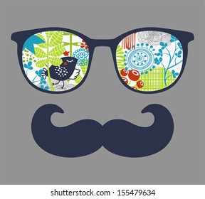 Retro sunglasses with reflection for hipster. Vector illustration of accessory - eyeglasses isolated. Best print for your t-shirt.