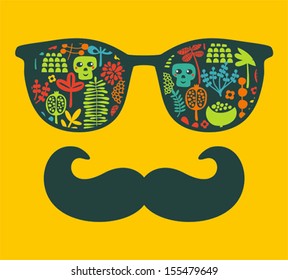 Retro sunglasses with reflection for hipster. Vector illustration of accessory - eyeglasses isolated. Best print for your t-shirt.