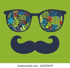 Retro sunglasses with reflection for hipster. Vector illustration of accessory - eyeglasses isolated. Best print for your t-shirt.