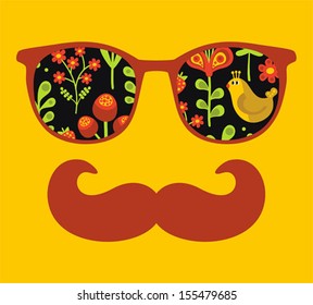 Retro sunglasses with reflection for hipster. Vector illustration of accessory - eyeglasses isolated. Best print for your t-shirt.