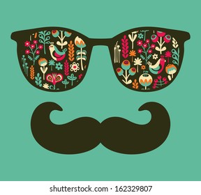 Retro sunglasses with reflection for hipster. Vector illustration of accessory - eyeglasses isolated. Best print for your t-shirt.