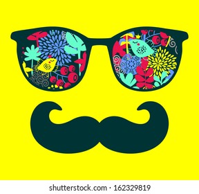 Retro sunglasses with reflection for hipster. Vector illustration of accessory - eyeglasses isolated. Best print for your t-shirt.