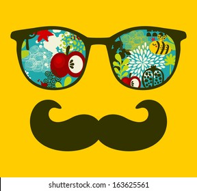 Retro sunglasses with reflection for hipster. Vector illustration of accessory - eyeglasses isolated. Best print for your t-shirt.