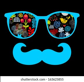 Retro sunglasses with reflection for hipster. Vector illustration of accessory - eyeglasses isolated. Best print for your t-shirt.
