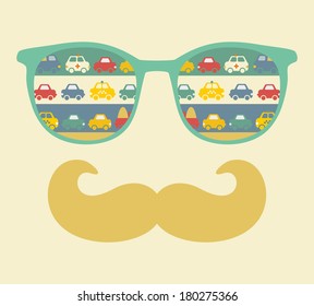 Retro sunglasses with reflection for hipster. Vector illustration of accessory - eyeglasses isolated. Best print for your t-shirt.