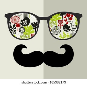 Retro sunglasses with reflection for hipster. Vector illustration of accessory - glasses isolated. Best print for your t-shirt.