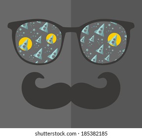 Retro sunglasses with reflection for hipster. Vector illustration of accessory - glasses isolated. Best print for your t-shirt.