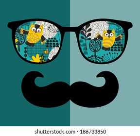 Retro sunglasses with reflection for hipster. Vector illustration of accessory - glasses isolated. Best print for your t-shirt.