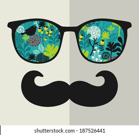 Retro sunglasses with reflection for hipster. Vector illustration of accessory - glasses isolated. Best print for eyeglasses advertisement.