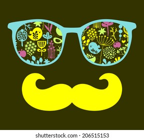 Retro sunglasses with reflection for hipster. Vector illustration of accessory - glasses isolated. Best print for eyeglasses advertisement. 