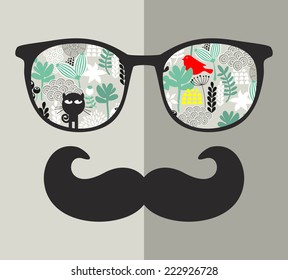 Retro sunglasses with reflection for hipster. Vector illustration of accessory - glasses isolated. Best print for your t-shirt. 