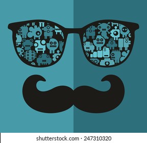 Retro sunglasses with reflection for hipster. Vector illustration of accessory - glasses isolated. Best print for your t-shirt.