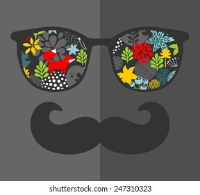 Retro sunglasses with reflection for hipster. Vector illustration of accessory - glasses isolated. Best print for your t-shirt.