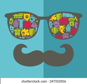Retro sunglasses with reflection for hipster. Vector illustration of accessory - glasses isolated. Best print for your t-shirt.