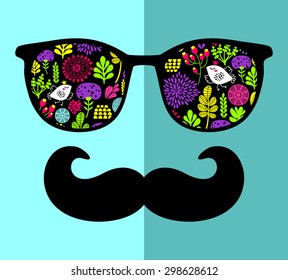 Retro sunglasses with reflection for hipster. Vector illustration of accessory - glasses isolated. Best print for your t-shirt.