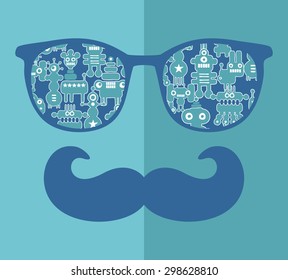 Retro sunglasses with reflection for hipster. Vector illustration of accessory - glasses isolated. Best print for your t-shirt.