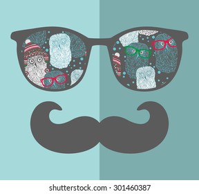 Retro sunglasses with reflection for hipster. Vector illustration of accessory - glasses isolated. Best print for your t-shirt.
