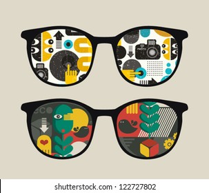 Retro sunglasses with   reflection in it. Vector illustration of accessory - eyeglasses isolated.