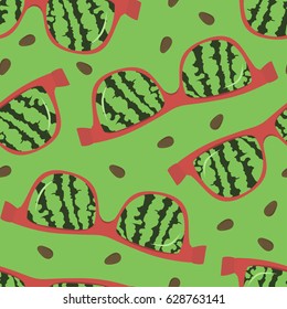Retro sunglasses with reflection of watermelon on a bright green background . Seamless vector illustration.