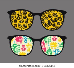 Retro sunglasses with  robot pattern reflection in it. Vector illustration of accessory - eyeglasses isolated.